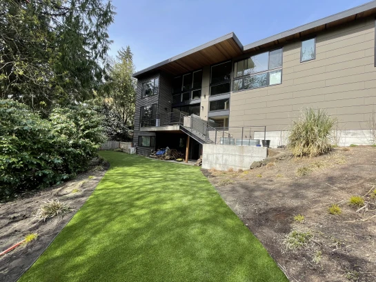 Synthetic Grass with Brown Thatch installed at Modern Home in Gig Harbor, WA.