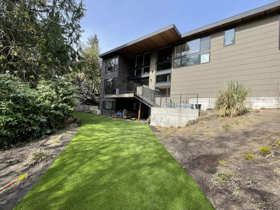 Synthetic Grass with Brown Thatch installed at Modern Home in Gig Harbor, WA.