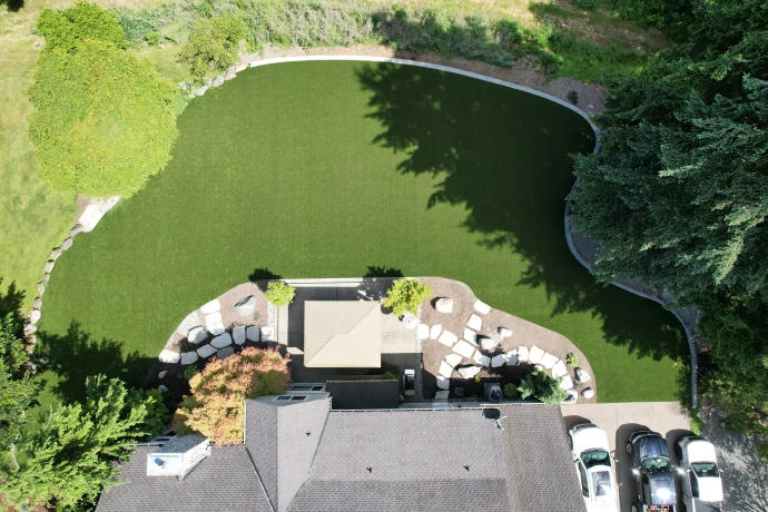 Aerial view of large-scale artificial turf installation in Maple Valley showing invisible professional seam work