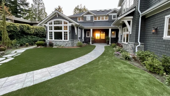 Lush artificial grass front yard installation in Bellevue with green synthetic turf glowing in golden sunset light