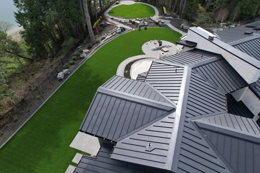 Aerial view of large-scale artificial turf installation in Gig Harbor showing invisible professional seam work